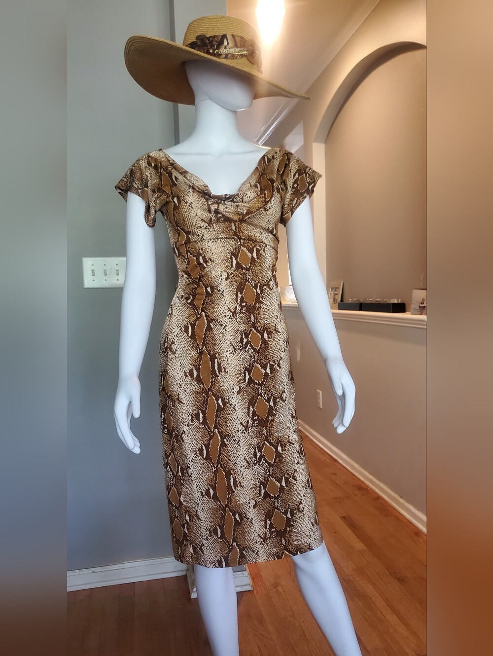 Diane Von Furstenberg Brown Snake-Print Cowl Midi Dress